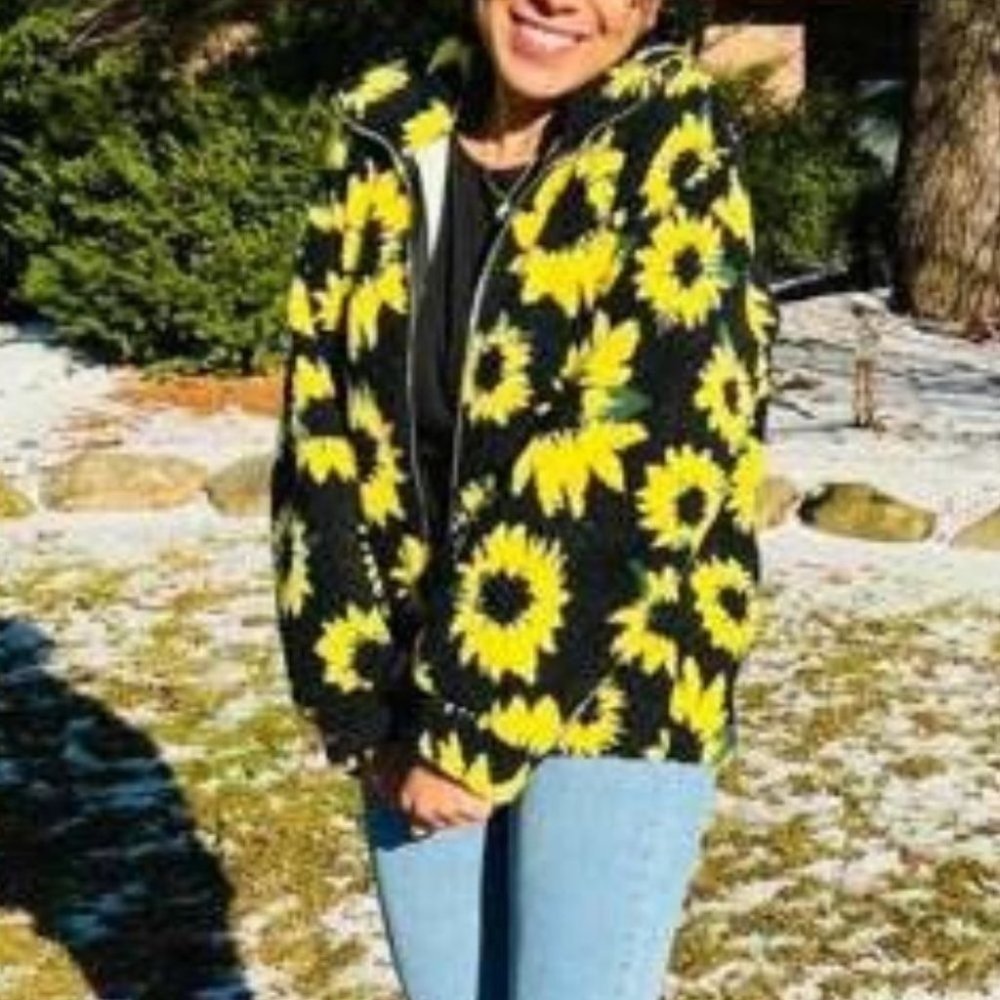 SUNFLOWER ZIP UP TEDDY COAT COMFY CASUAL FUN TRENDING FALL WINTER - Picture 6 of 8